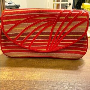 VINTAGE red shoulder bag, J Renee, w/ Gold stripes, envelope flap closure, 1980s